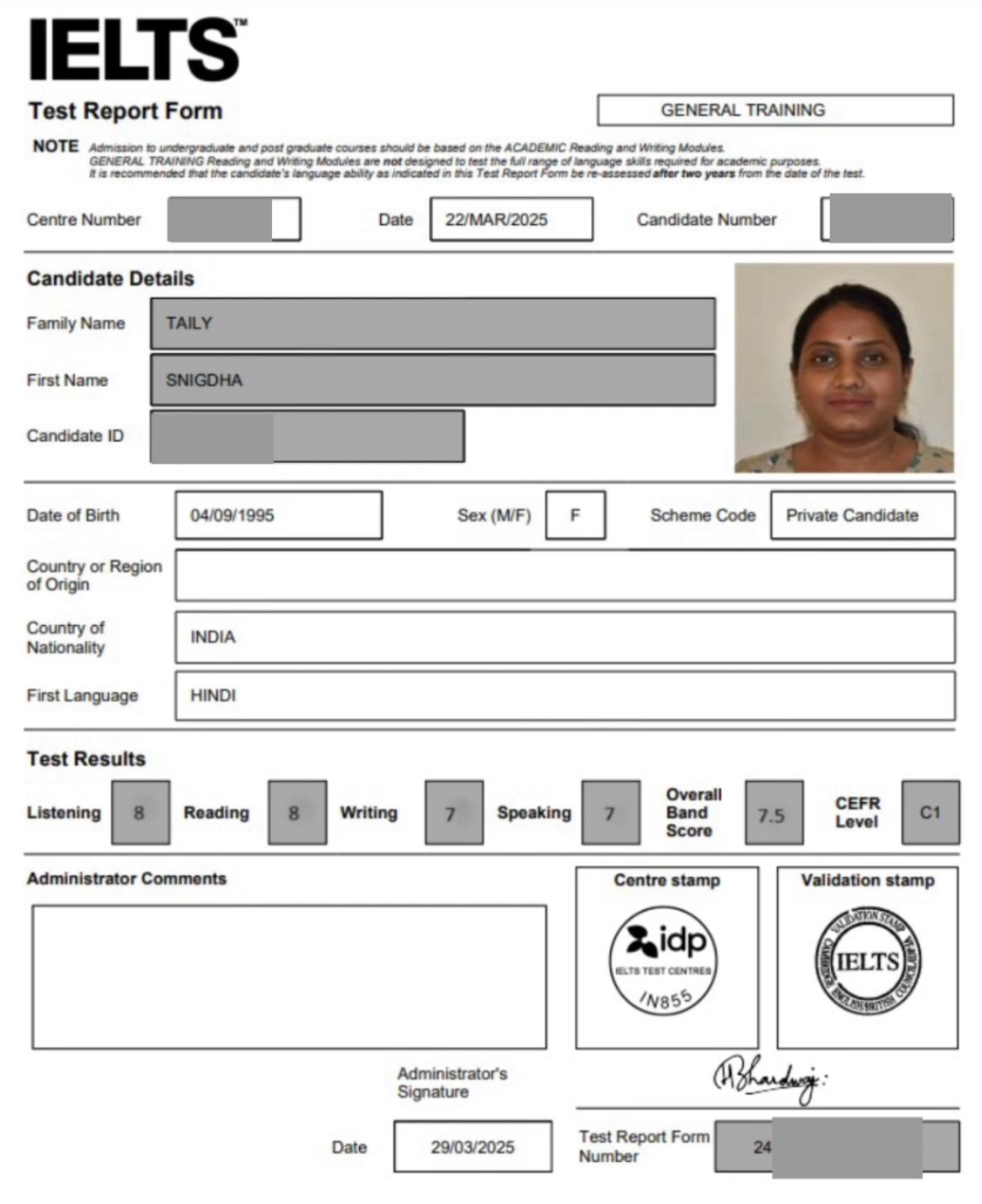 Snigdha Taily IELTS Form