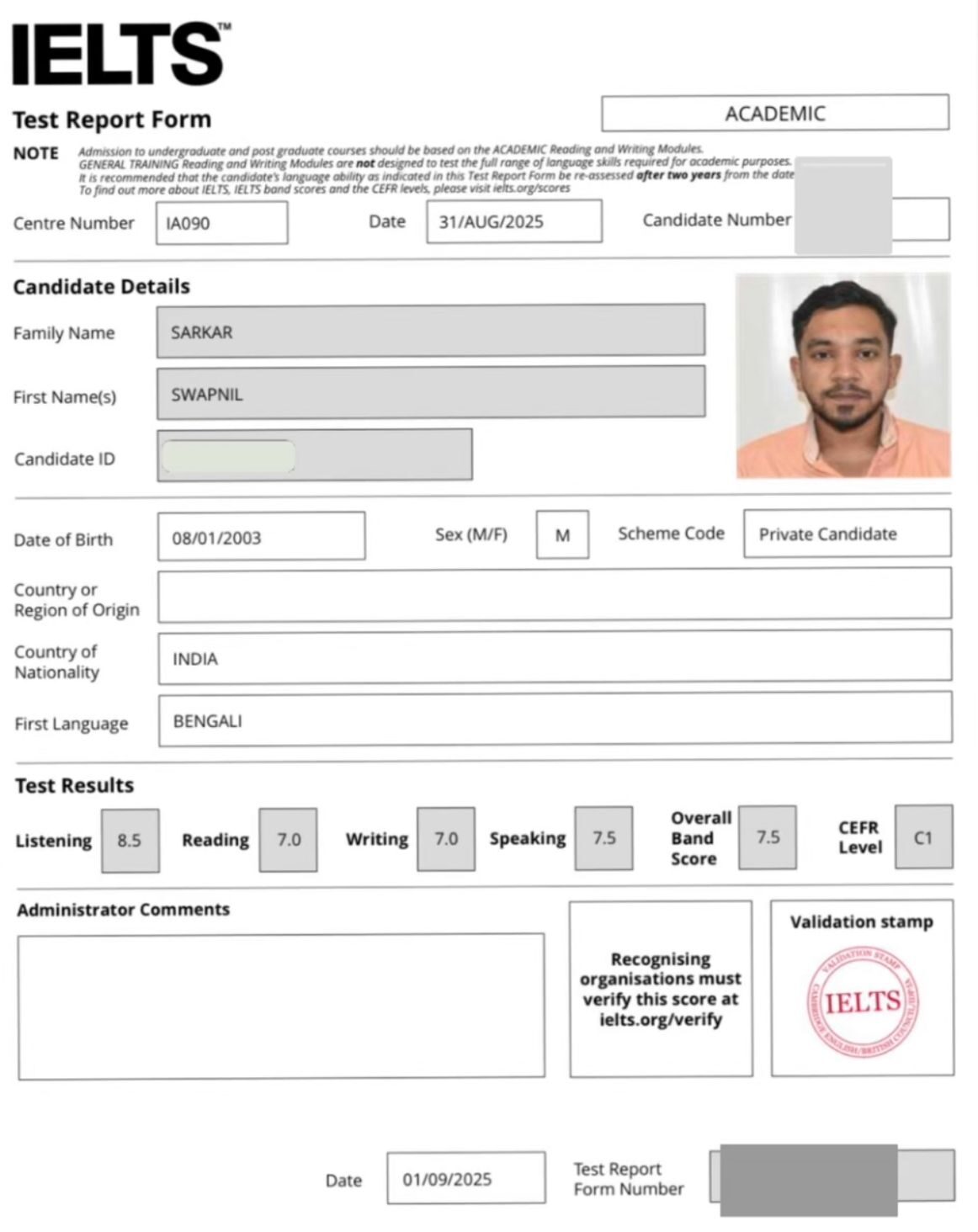 Swapnil Sarkar IELTS Form